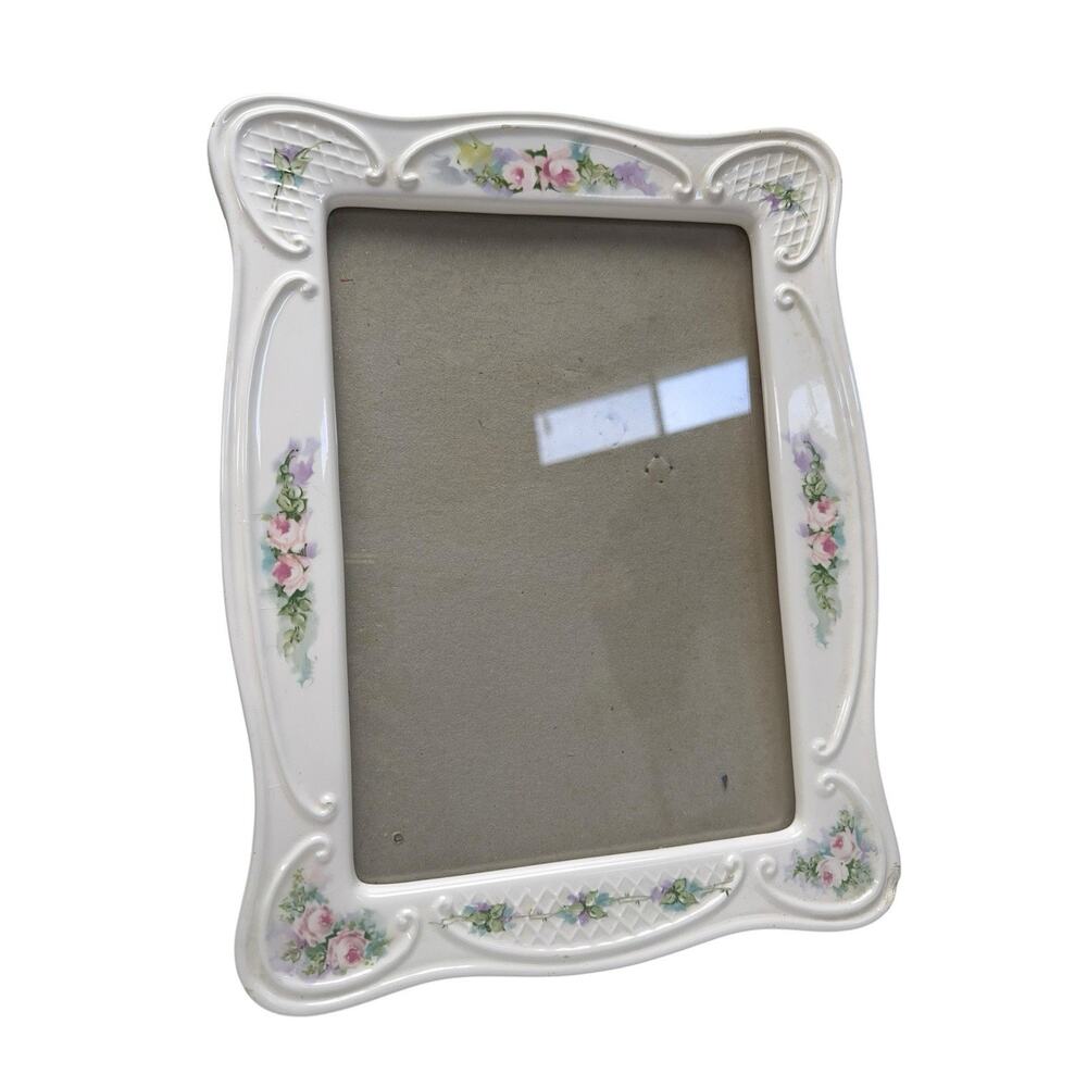 Vintage 1990 Floral Ceramic Picture Frame 9.5x12 Shabby Cottage Decor